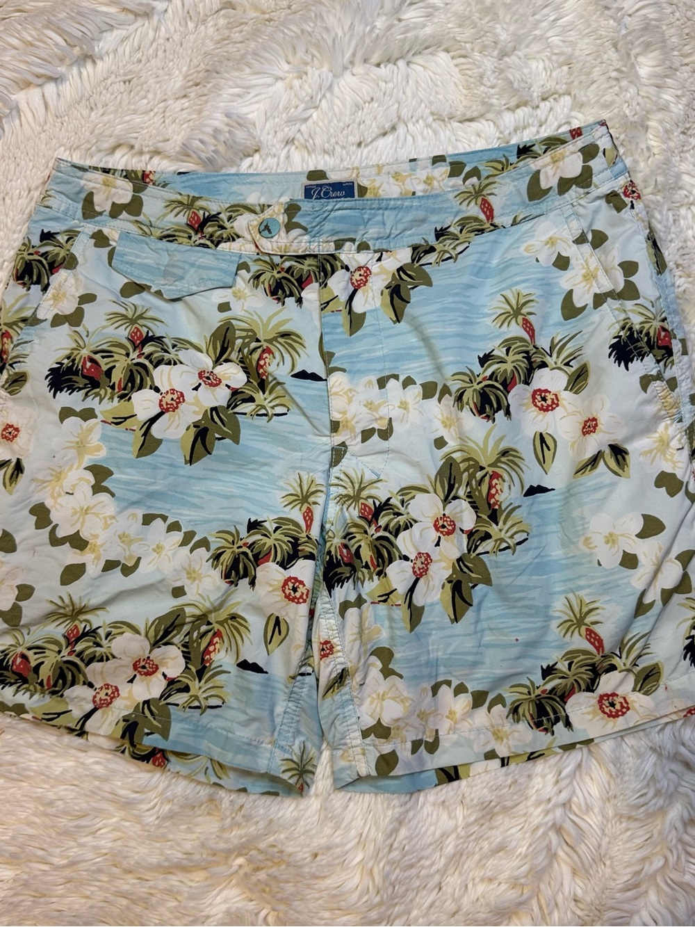J. Crew men’s 30” Light Blue Tropical Floral hybrid shorts with drawstring